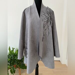 CARTISE Faux Suede Open Front Waterfall  Grey Jacket Floral Applique Neutral